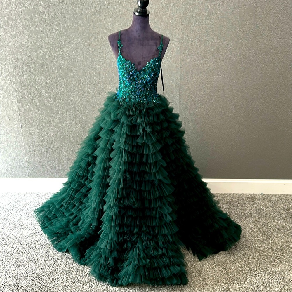La Femme Emerald Green Corset Ruffle Prom Dress